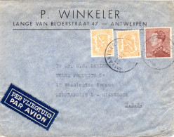 Belgien 1946, 10 Fr.+2x25 C. Auf Luftpost Brief V. Antwerpen N. USA - Autres & Non Classés