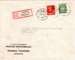Norwegen 1933, 7+20 öre Auf Reko-Drucksache Brief V. Tönsberg N. Dänemark - Brieven En Documenten