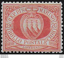1877 San Marino Stemma 20c. Rosso Bc MNH Sassone N. 4 - Other & Unclassified
