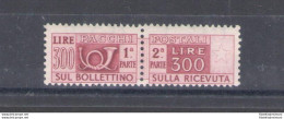 1946-51 Italia - Repubblica, Pacchi Postali 300 Lire Lilla Bruno, Filigrana Ruota, 1 Valore, MNH** - Centratura Mediocre - Paketmarken
