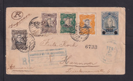 1911 - Überdruck-Ganzsache Mit Zufrankatur Als Einschreiben Ab San Salvador Nach Hannover - El Salvador
