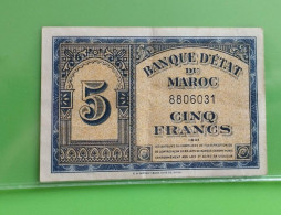 BANQUE D'ETAT DU  MAROC MOROCCO  MARRUECOS 5 FRANCS 01-08-1943.... - Marocco