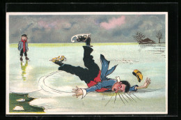 Lithographie Gestürzter Schlittschuhläufer Auf Einem See  - Patinaje Artístico