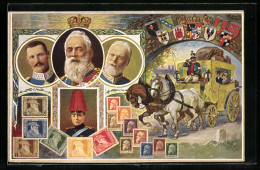 AK Portrait Prinzregent Luitpold, Bayerische Briefmarken, Postkutsche, Wappen  - Königshäuser