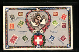 AK Briefmarkensprache, Ich Liebe Dich!, Erwarte Antwort, Ja, Von Herzen, Liebespaar  - Briefmarken (Abbildungen)