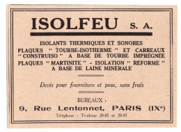 1932 - Publicité - Isolfeu Au 9 Rue Lentonnet à Paris 9ème - Reclame