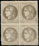 * FRANCE - Poste - 41B, Report 2,  Bloc De 4 Percé En Lignes, Signé Brun, 2 Timbres Pli Vertical: 4c. Gris (Spink) - 1870 Bordeaux Printing