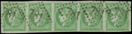 O FRANCE - Poste - 42B, Bande De 5 Horizontal, Signée Calves, Léger Plis: 5c. Vert-jaune - 1870 Emission De Bordeaux
