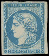 * FRANCE - Poste - 44A, Type I Report 1, Neuf Avec Gomme, Bel Exemplaire, Signé + Certificat Calves: 20c Bleu - 1870 Uitgave Van Bordeaux