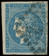 O FRANCE - Poste - 45C, Type II Report 3, Pli Accordéon: 20c. Bleu - 1870 Emissione Di Bordeaux
