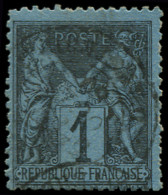 O FRANCE - Poste - 84, Signé Calves, Très Belle Nuance, Dentelure Irrégulière Habituelle: 1c. Noir S. Bleu De Prusse - 1876-1898 Sage (Tipo II)
