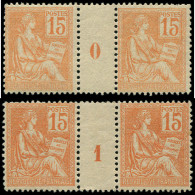 ** FRANCE - Poste - 117, 2 Paires Millésimes "0" & "1": 15c. Mouchon Orange - Unused Stamps