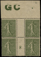 ** FRANCE - Poste - 130j, Type IV, Bloc De 4 Millésime "8" (* Sur Mill), Manchette GC: 15c. Semeuse Vert - Unused Stamps