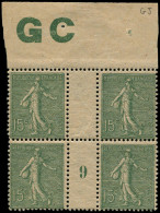 ** FRANCE - Poste - 130j, Type IV, Bloc De 4 Millésime "9" (* Sur Mill), Manchette GC: 15c. Semeuse Vert - Unused Stamps