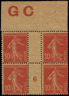 ** FRANCE - Poste - 138, Bloc De 4 Millésime "6", Manchette GC, Signé: 10c. Semeuse Rouge - Unused Stamps