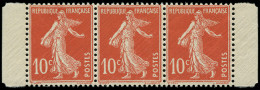 ** FRANCE - Poste - 138fa, Type II, Papier X, Bande De 3 Horizontale Avec Marges, Issus De Feuille De 144: 10c. Rouge (S - Unused Stamps