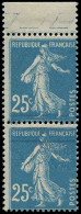 ** FRANCE - Poste - 140, En Paire, 2 Barres Bleues, * Sur Bdf: 25c. Semeuse Bleu - Unused Stamps