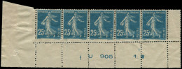 ** FRANCE - Poste - 140, Bande De 5 Piquage Oblique, Bdf: 25c. Semeuse Bleu - Unused Stamps