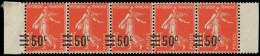 ** FRANCE - Poste - 225, Bande De 5 Surcharge à Cheval: 50c. S. 1.05f. Semeuse Vermillon - Unused Stamps