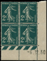 ** FRANCE - Poste - 239, Bloc De 4 Coin Daté 6/12/30: 2f. Semeuse Vert-bleu - Unused Stamps