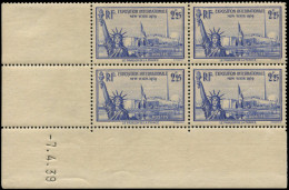 ** FRANCE - Poste - 426, Bloc De 4 Coin Daté 7/4/39: Expo De New-York - Unused Stamps