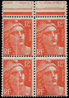 ** FRANCE - Poste - 885, En Bloc De 4, Dont 2 Exemplaires Pli Accordéon: 12f. Gandon Orange (Spink) - Unused Stamps