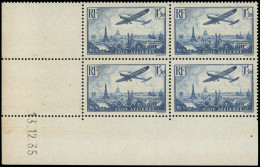 ** FRANCE - Poste Aérienne - 9, Bloc De 4 Cd 13/12/35 (légères Marques Brunes Sur Bdf): 1.50f. Bleu - 1927-1959 Postfris
