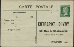 N FRANCE - Entiers Postaux - 170 CP1, Entrepôt D'Ivry, Léger Pelurage + Trou D'épingle: 10c. Pasteur - Andere & Zonder Classificatie