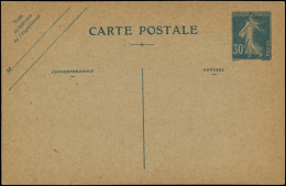 N FRANCE - Entiers Postaux - 192, CP1 (N), Sans Date: 30c. Bleu Semeuse - Autres & Non Classés