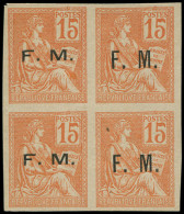 (*) FRANCE - Franchise - 1, Bloc De 4 Non Dentelé Avec Essais De Surcharge (2 Types Différents): 15c. Mouchon - Military Postage Stamps
