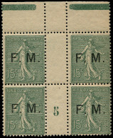 ** FRANCE - Franchise - 3, Bloc De 4 Millésime "5": 15c. Semeuse Vert-olive - Military Postage Stamps