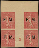 (*) FRANCE - Franchise - 4b, Bloc De 4 Millésime "5" Non Dentelé, Signé Brun: 10c. Semeuse Rose - Military Postage Stamps