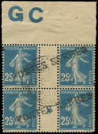 O FRANCE - Postes Serbes - 8, Bloc De 4, Millésime "8" Manchette GC: 25c. Semeuse Bleu - War Stamps