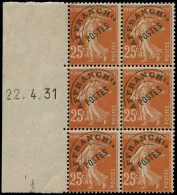 ** FRANCE - Préoblitérés - 57a, Type IIIc, Bloc De 6 Coin Daté à Gauche 22/4/31: 25c. Semeuse Jaune-brun - 1893-1947