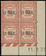 ** FRANCE - Taxe - 63, Bloc De 4 Coin Daté 11/02/1931: Un Franc S. 60c. Rouge - 1859-1959.. Ungebraucht