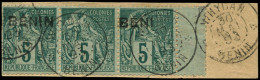 O BENIN - Poste - 4a, Bande De 3 Dont 1 Exemplaire Sans Surcharge Et 1 Exemplaire "BENI", Sur Fragment, Signé Roumet: 5c - Used Stamps