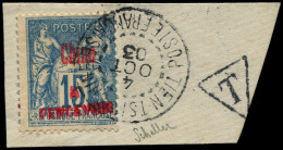 O CHINE FRANCAISE - Taxe - 8, Surcharge Rouge, Sur Fragment, Oblitéré 4/10/03, Signé Scheller: 15c Bleu - Postage Due