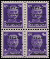 ** FEZZAN - Poste - 1c, Bloc De 4 Dont 1 Exemplaire Barre Inférieure Plus Courte: 50c. Violet - Unused Stamps