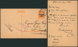Guerre 14-18 - EP Au Type 8ctm Orange Obl Simple Cercle "Gedinne" (1917) + Censure GIVET > Dinant - Occupazione Tedesca