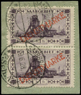 O SARRE - Service - 25, En Paire Double Surcharge, Sur Fragment: 1f. Violet (Michel 20 A DO) - Dienstzegels
