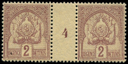 ** TUNISIE - Poste - 10, Paire Millésime "4": 2c. Lilas-brun S. Paille - Unused Stamps