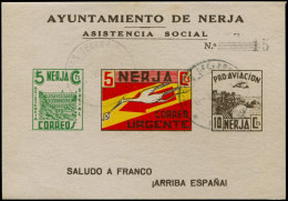 O ESPAGNE GUERRE CIVILE NATION - Poste - Nerja Ed. 23, Feuillet Triptyque Avec 10c. Brun: 5c+5c+10c. Cigogne - Spanish Civil War Labels