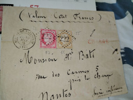 France Marcophilie Lettre Classique Chargée Valeur 100f - 1871-1875 Cérès