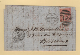 Liverpoool - 466 - 1866 - Destination Bordeaux Entree Par Calais - Brieven En Documenten