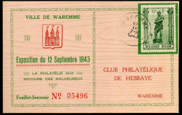 616 - Exposition Du 12 Septembre 1943, Ville De Waremme, Feuillet-Souvenir - Club Philtélique De Hesbaye - Covers & Documents