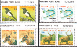 2018-Tunisie- Faune Terrestre, Maritime-Orphie, Chacal Doré, Pica Pica, Cervus Elaphus -paire/ 8V SC Coin Daté -MNH***** - Specht- & Bartvögel