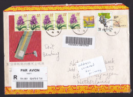 Taiwan: Registered Cover To Netherlands, 1999, 8 Stamps, Flower, Lighthouse, Grapes, CN22 Customs Label (minor Damage) - Cartas & Documentos