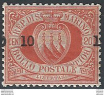 1892 San Marino Stemma "0 10 1" Su 20c. Rosso MNH Sassone N. 11h - Autres & Non Classés