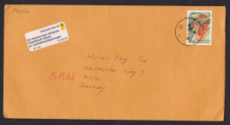 Taiwan: Cover To Germany, 1986, 1 Stamp, Insect, Plant, Label Delayed Due To Incorrect Postcode (roughly Opened) - Storia Postale