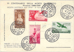 1937 - VI CENTENARIO MORTE DI GIOTTO - FIRENZE MOSTRA GIOTTESCA 8.7.37 - Valore Catalogo 1.777 Euro - Marcofilía